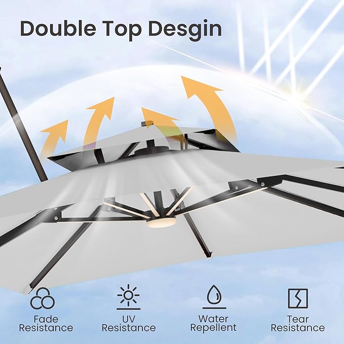 9x12 FT Cantilever Patio Umbrella with Led Lights Double Top Outdoor Rectangular Large Heavy Duty Aluminum Offset Umbrellas with 7 Level Tilt 360-degree Rotation for Pool Garden Deck, Fog Grey
