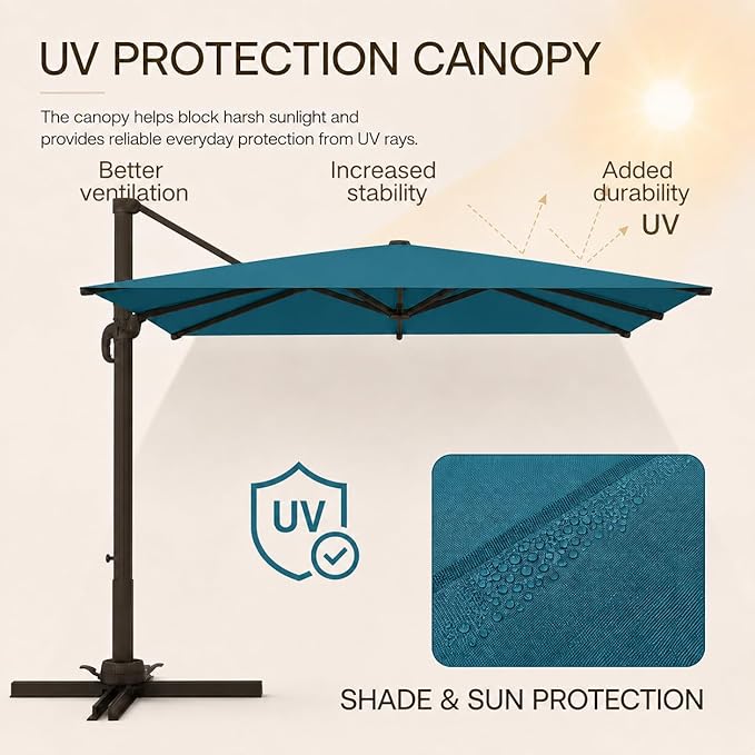 Kingdura 10x10 FT Cantilever Patio Umbrella with Base Included, Large Square Aluminum Offset Outdoor Pool Umbrella, 360° Rotation & 4-Position Tilt, UV Protection for Deck Backyard (Lake blue)