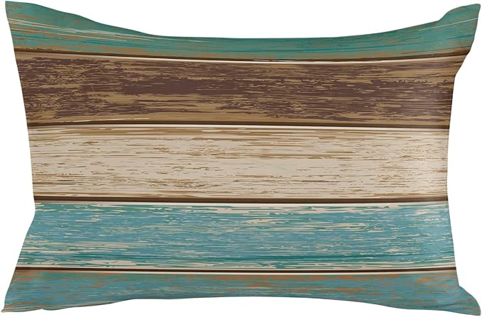 Outdoor Throw Pillows Covers 12X20 Set of 2 Waterproof Teal Turquoise Green Brown Decorative Zippered Cushion Covers for Patio Furniture, Farmhouse Retro Rustic Barn Wood Texture Lumbar Pillowcases