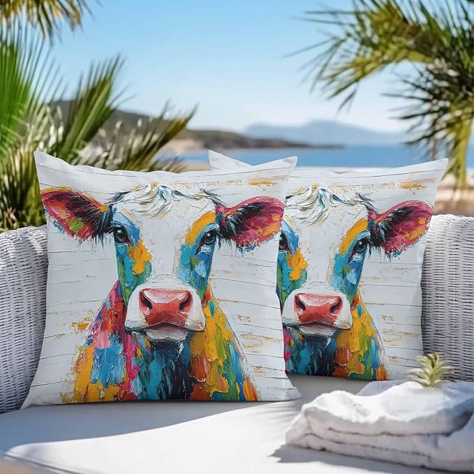 Colorful Cow Outdoor Pillow Covers Pack of 2 Rustic Animal Abstract Cattle Wood Grain Waterproof Throw Pillow Covers Decorative Cushion Cases for Patio Garden Tent Balcony Couch 26x26 inch