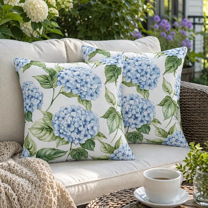 Blue Hydrangea Throw Pillow Covers 20x20 inch Set of 2, Outdoor Waterproof Floral Pillow Cases Flower Decorative Cushion Covers for Spring Patio Garden Decor