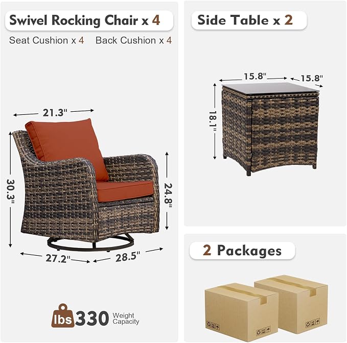 MEISSALIVVE Outdoor Patio Furniture Set with Swivel Chair, 6 Pieces Patio Conversation Set, Patio Sectional Furniture Set with 4 Swivel Rocker Patio Chair and 2 Side Table (Red)