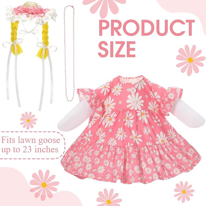 Spring Summer Pink Daisy Porch Goose Outfit for 23'' Goose Clothes Bee Pink Skirt with Hat for Spring Summer Outdoor Garden Yard Patio Lawn Decor(Daisy)