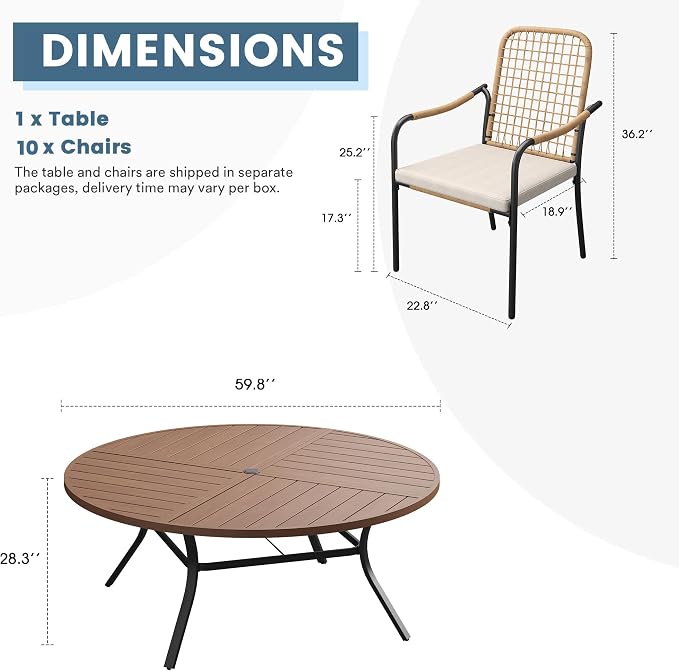 DIFY 11 Pieces Outdoor Dining Set, Metal Patio Table and Chairs Set for 10, 59.8" Round Dining Table with Umbrella Hole & Wicker Stackable Patio Chairs with Cushions, Walnut Tabletop