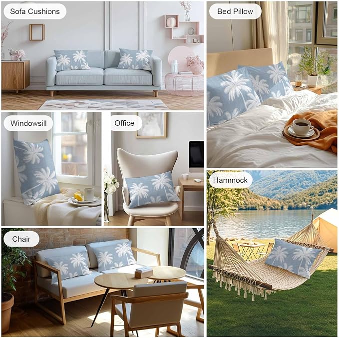 Lumbar Pillow Covers 20x12 Inch Set of 2, Light Blue Palm Trees Waterproof Outdoor Pillow Covers, Farmhouse Tropical Summer Beach Decorative Cushion Pillowcases for Couch, Sofa, Bed, Garden, Patio