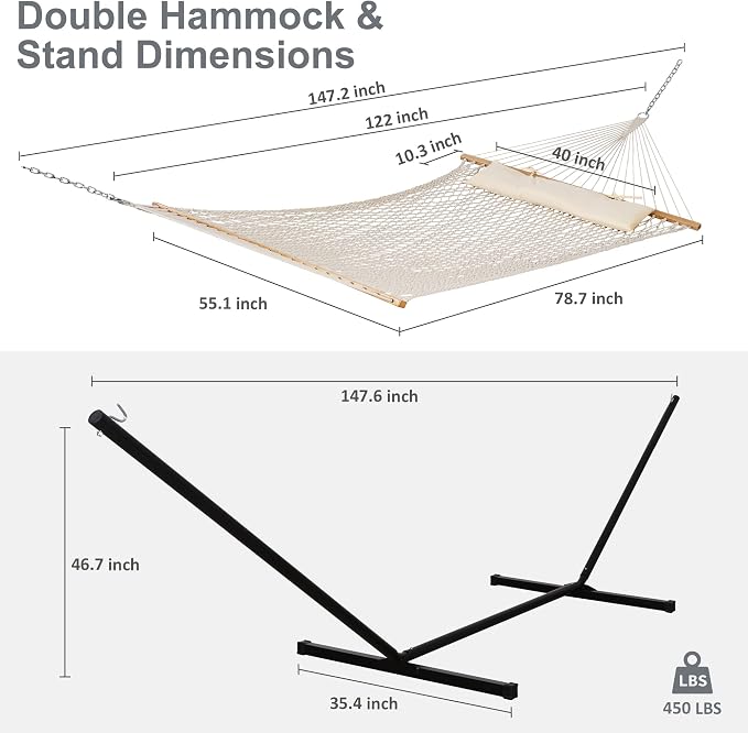 SUNCREAT Double Outdoor Hammock with Stand Included, Portable Cotton Rope 2 Person Hammock for Outdoor, Patio, Garden, Backyard, Beige