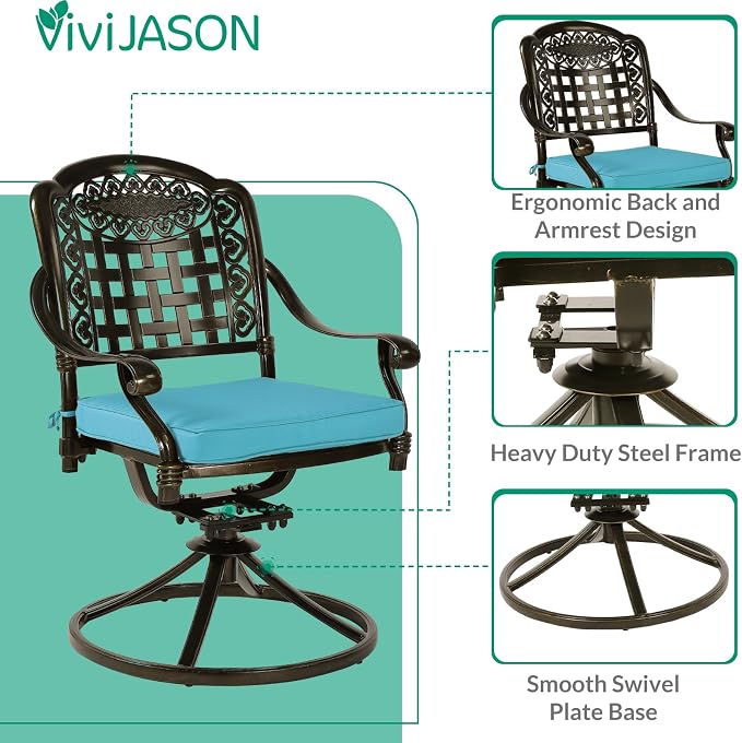 VIVIJASON 3-Piece Patio Bistro Set, Outdoor All-Weather Cast Aluminum Furniture Dining Set, Include 2 Swivel Chairs and 34.5" Round Table w/Umbrella Hole for Balcony, Lawn, Garden (Ocean Blue Cushion)