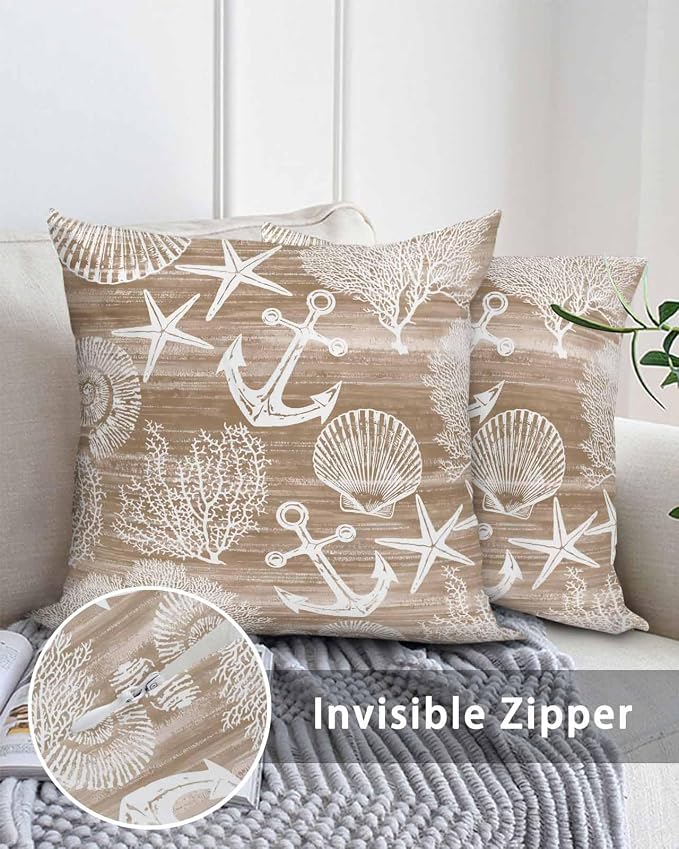 Outdoor Waterproof Throw Pillows 16x16in, Summer Anchor Starfish Coral Shell Patio Pillows Pack of 2,Decorative Pillow Covers with Insert,Pillow Cushion Case Nautical Ocean Creature