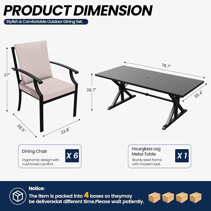 Kullavik 7 Pcs Outdoor Dining Set,Patio Dining Table and Chairs Set for 6,Fence Pattern Back Chairs with Thickened Cushions & X-Frame Metal Dining Table with Umbrella Hole for Patio,Sand