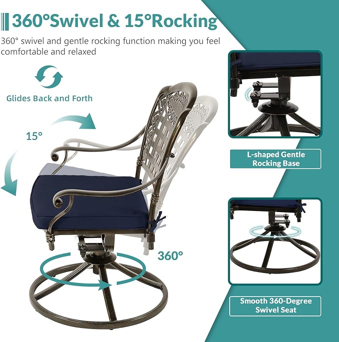 MEETWARM 9-Piece Outdoor Patio Dining Set for 8, All Weather Cast Aluminum Patio Funiture Table and Chairs Set- 94.5” Rectangular Table and 2 Swivel Rocker Chairs, 6 Stationary for Garden, Navy Blue