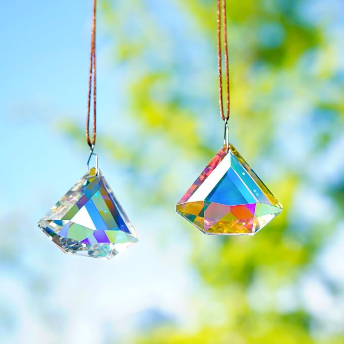 2 Pcs 1.9 Inch AB Crystal Prism Suncatcher Window Decor | AB Colored Crystal Prisms Sun Catcher Set of 2 Hanging Pendants for Window Indoor Home Garden Decor Rainbow Maker