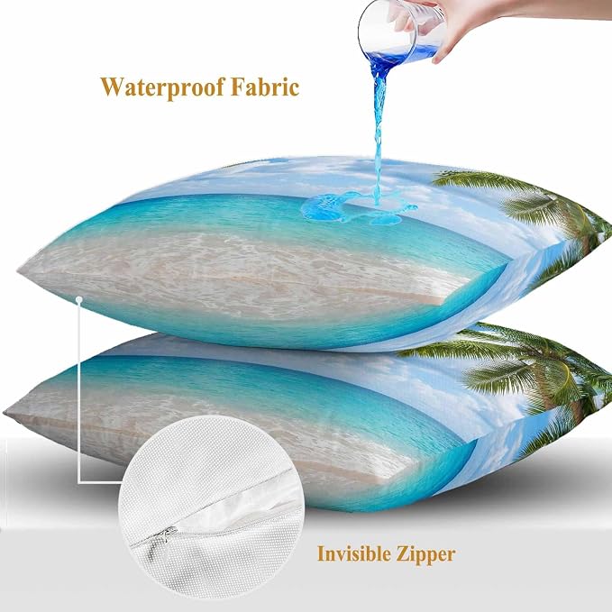 Yukro Tropical Beach Outdoor Waterproof Pillow Covers Pack of 2, Starfish Palm Tree Sky Coastal Throw Pillowcases Decorative Cushion Covers for Garden Patio Tent Sofa Couch, 26x26 inch