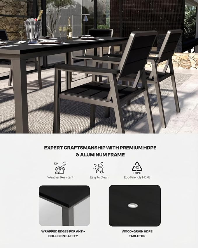 7-Piece Patio Dining Set, Aluminum & HDPE Outdoor Table and Chairs, Weather-Resistant All-Season Backyard & Deck Dining Furniture with 2" Umbrella Hole (Black)
