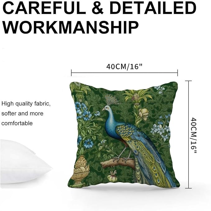 Aqua and Green Chinoiserie Throw Pillow Covers Green Peacock Animal Asian Pillowcase 16x16 INClassic Accent Decorative Cushion Covers Home Decor for Sofa Bed Chair Car