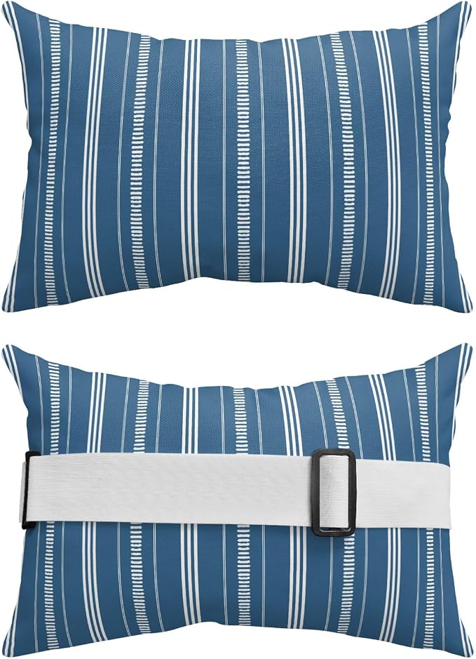 Outdoor Lumbar Pillows 11x16 Set of 2, Boho Sea Blue Waterproof Throw Pillow Covers with Insert, Minimalist Farmhouse Striped Decorative Pillowcase Cushion for Couch Sofa Bed