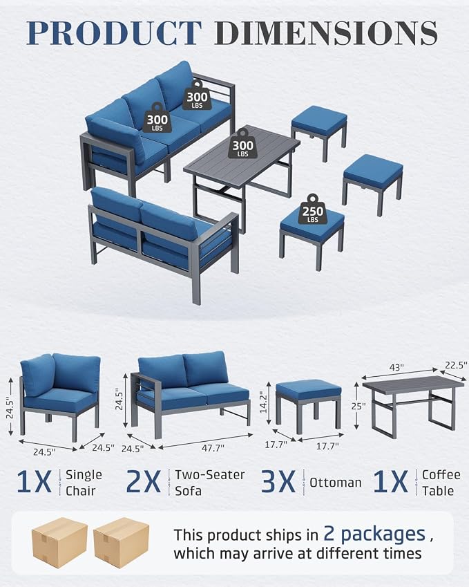 AECOJOY Aluminum Patio Furniture Set, 8 Seats Modern Outdoor Furniture with Adjustable Table, 7 Pieces Metal Conversation Sectional Sofa, Blue