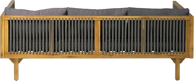 Christopher Knight Home Clarie Patio Sofa and Coffee Table Set, 2 Piece Outdoor Patio Furniture Set with Cushion, Acacia Wood 3 Seater Outdoor Sofa Daybed and Coffee Table Set, Dark Gray+Teak
