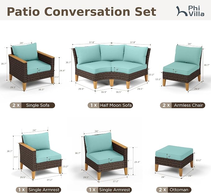 PHI VILLA 9-Piece Wicker Patio Furniture Set, Outdoor Half-Moon Curved Sectional Sofa with Thick Aqua Blue Cushions, 2 Ottomans, 2 Single Seats, Large Conversation Seating for Garden or Backyard