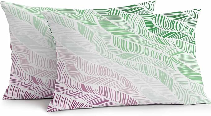 Vandarllin Outdoor Throw Pillows Covers 20x12 inch Set of 2 Waterproof Summer Beach Decorative Zippered Cushion Covers for Patio Furniture, Ombre Green Abstract Leaf Lines Lumbar Pillowcases