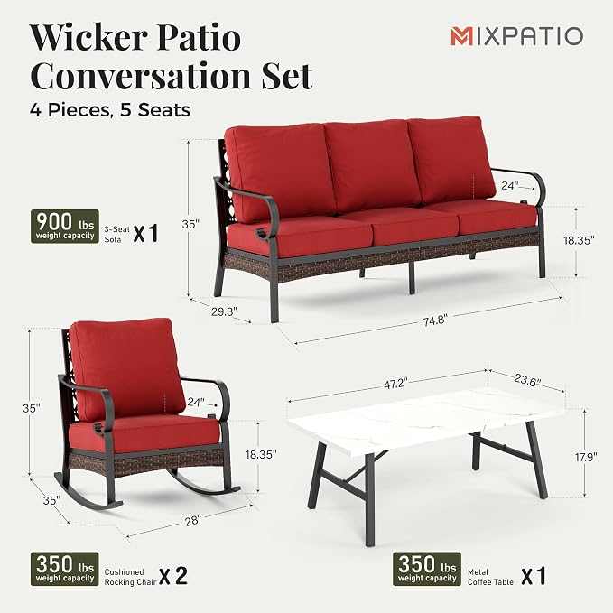 MIXPATIO Patio Furniture Set with Coffee Table, Outdoor Conversation Set with 2 x Rocking Chairs, 1 x 3-Seat Sofa for Lawn Garden Backyard, Red