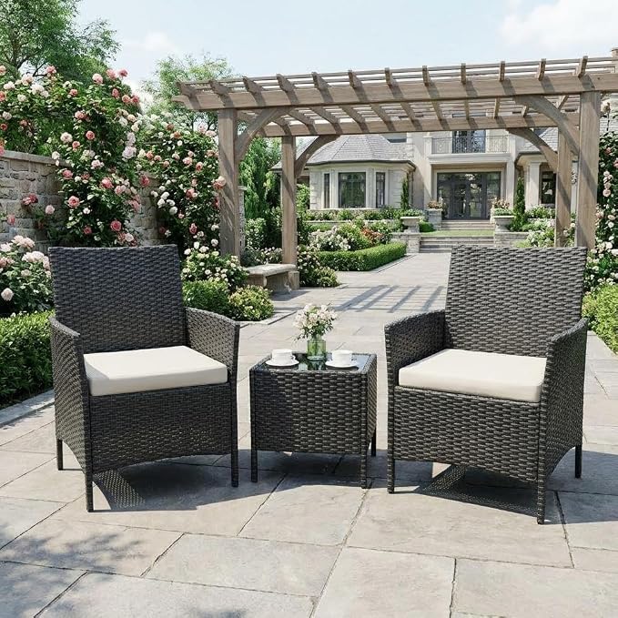 3PCS Outdoor Patio Bistro Set, PE Wicker Armchairs with Coffee Table, Beige