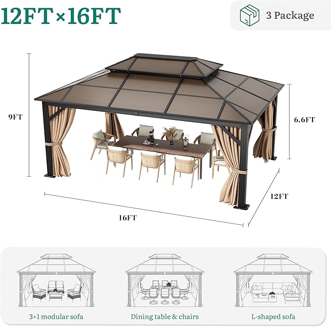 YITAHOME 12x16FT Polycarbonate Gazebo Double Roof Canopy Outdoor with Netting and Shaded Curtains, Aluminum Frame Polycarbonate Hardtop Garden Tent for Patio, Backyard, Deck and Lawns, Brown