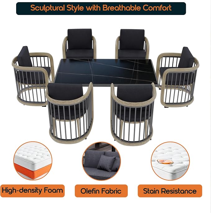Klyra 7-Piece Outdoor Patio Dining Set Modern Aluminum Rectangular Dining Table and 6 Slatted Chairs with Stain-Resistant Cushions, Weather-Resistant Furniture for Garden, Deck, and Indoor Use, Grey