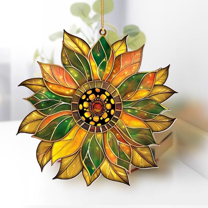 Stained Glass Acrylic Sunflower Ornament – Colorful Glass Sun Catcher for Windows, Christmas Tree Decoration 2025, Hanging Holiday & Everyday Décor Gift(Sun-22)