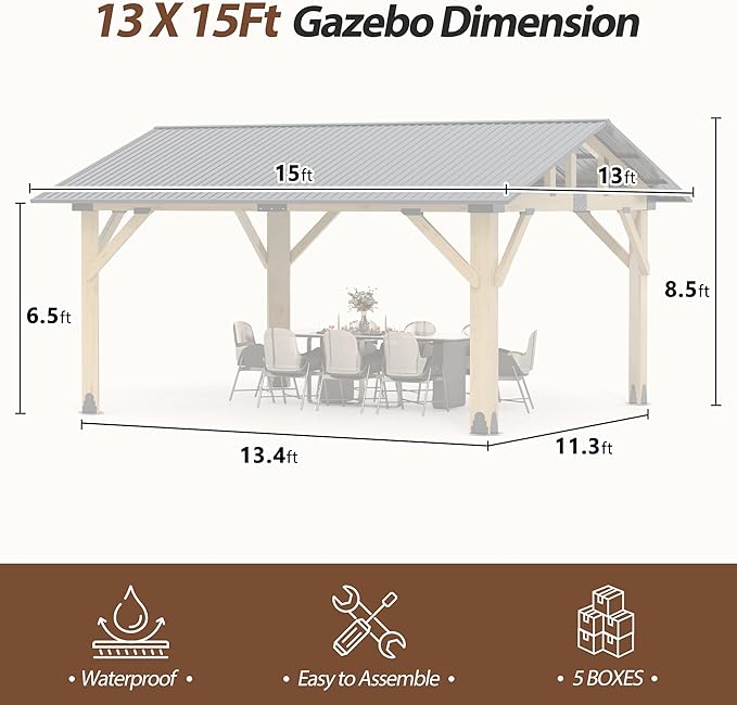 13' x 15' Wood Gazebo, Outdoor Hardtop Gazebo with Galvanized Steel Roof, Cedar Wooden Frame Gazebos for Garden, Patio, Deck