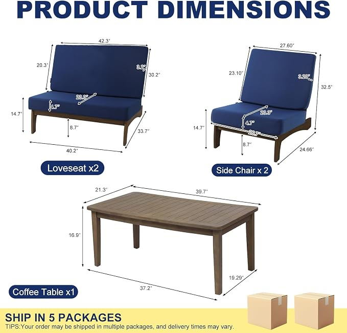Pia Ricoo 4 Piece Patio Furniture Sets, Outdoor Furniture with 2 Chairs & Coffee Table, Patio Conversation Set for Backyard, Deck, Lawn, Navy