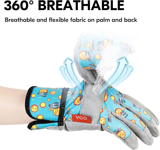 Vgo... 1-Pair Age 6-7 Kids Gardening Gloves,Children Yard Work Gloves,Soft Safety Outdoor Playing Gloves(Size L, Blue Plane, KID-MF3561)