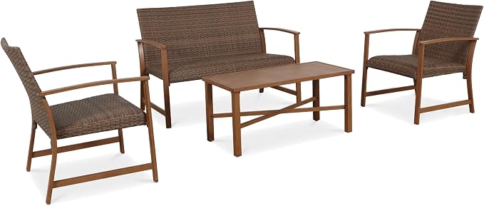 4-Piece Patio Furniture Set, Wicker Outdoor Conversation Set with Coffee Table and Padded Seat Cushions, Rattan Sectional Sofa for Yard, Garden or Patio, Brown