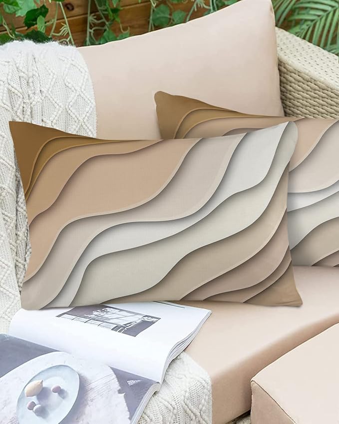 Funy Decor Waterproof Outdoor Throw Pillow Cover Brown Modern Geometric Lumbar Pillowcases Set of 2 Abstract Beach Decorative Patio Furniture Pillows for Couch Garden 20 x 12 Inches