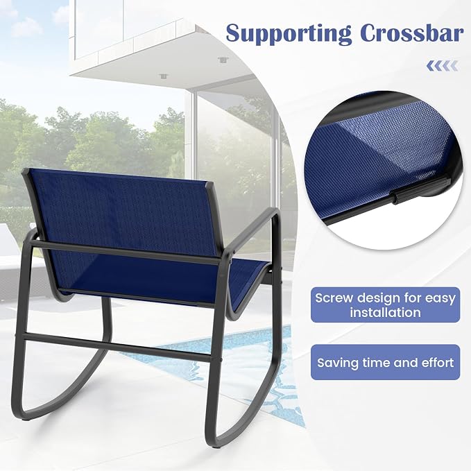 Tangkula 4 Piece Rocking Patio Furniture Set, 2 Rocking Chairs & Loveseat with Glass-Top Table, Patio Rocking Set with Smooth Rocking Motion, Outdoor Rocker Conversation Set for Porch, Yard (1, Navy)