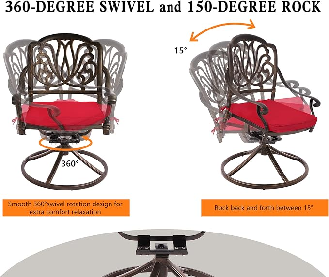 Grepatio 9 Piece Cast Aluminum Patio Furniture Set Outdoor Dining Set Bistro Furniture Set with 6 Chairs 2 Swivel and Dining Table with Umbrella Hole, 8 Cushions for Backyard Garden (Red)