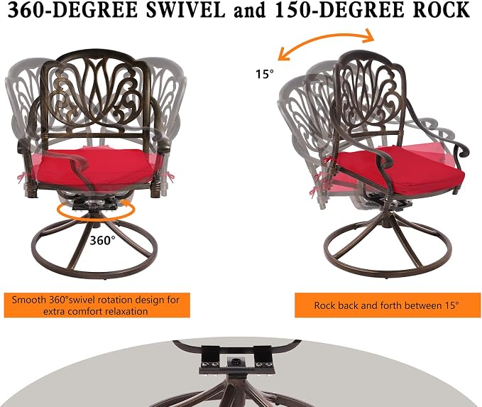 Grepatio 9 Piece Cast Aluminum Outdoor Dining Set, Patio Furniture Set with 2“ Umbrella Hole and 6 Chair & 2 Swivel Chairs with Cushions, Dining Furniture Set for Porch Poolside Garden (Red)