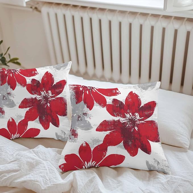 Vandarllin Outdoor Throw Pillows Covers 24x24 inch Set of 2 Waterproof Red Sunflower Decorative Zippered Cushion Covers for Patio Furniture, Flower Field Lumbar Pillowcases