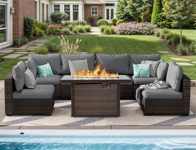 7 Pieces Patio Furniture Set with 44" Fire Pit Table, Rattan Outdoor Sectional Conversation Sets, All Weather Outdoor Furniture Set with Cushions for Garden Lawn Balcony Porch Deck, Grey