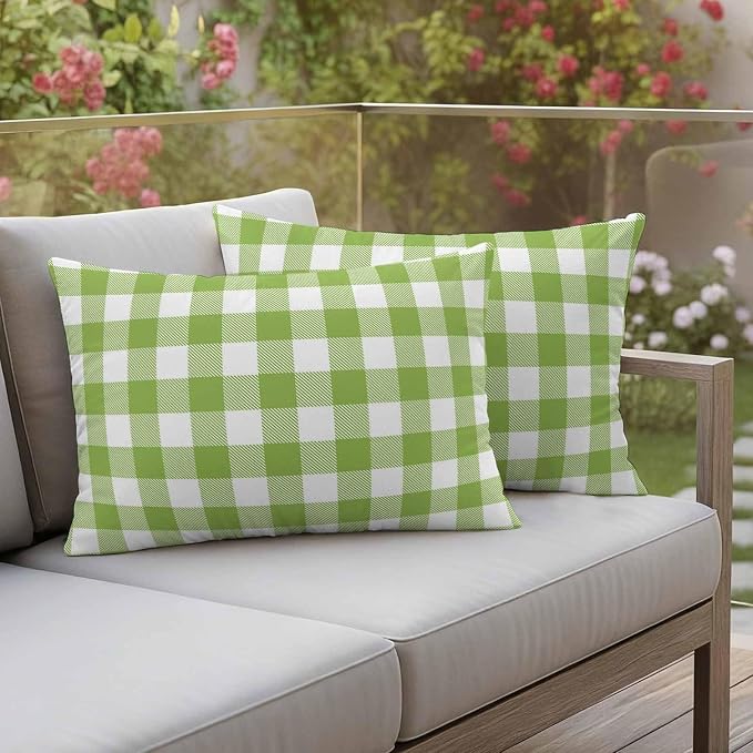 Outdoor Throw Pillow Covers,Farmhouse Plaid Design Waterproof Decorative Pillowcases Cushion Cover Green and White Grid Pillow Cases for Patio Couch Sofa Bed,20x12in Set of 2