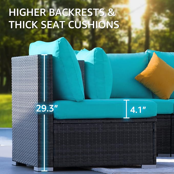 NICESOUL 11 Piece Outdoor Furniture Sets with Natural Gas/Propane Firepit, XXL 10-Seats Patio Sectional, 29.3'' High-Back Backyard Seating, All-Weather Wicker Couch Set for Outside, Deck, Grey & Teal