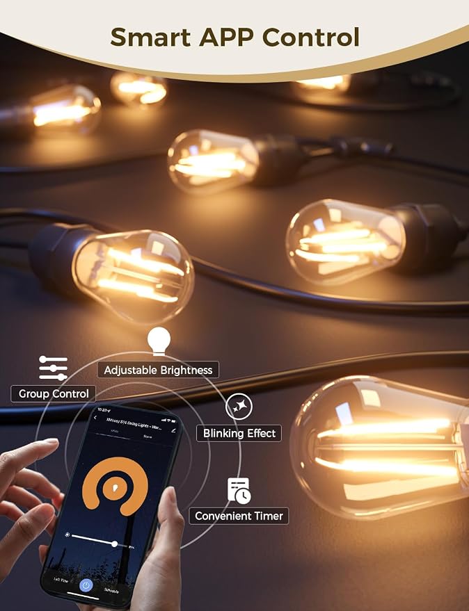 XMCOSY+ Outdoor String Lights, 98FT Smart Dimmable Edison Bulb Patio Lights | Smart App & Voice Control LED String Lights, Custom Schedules, Dimming, Warm White Light for Outside, Yard,Porch, Warerproof