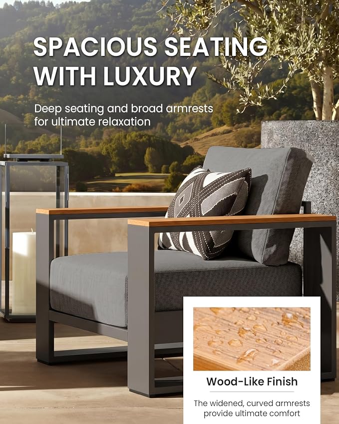 Oversized Aluminum Patio Furniture Set, 5 Pieces Luxury Outdoor Furniture Set with 7.1" Extra Thick Cushion, Modern Outdoor Sectional with Coffee Table for Porch, Garden and Deck, Graphite