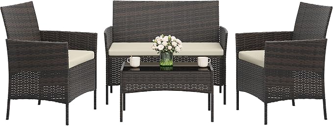 4-Piece Outdoor Furniture Set, PE Rattan Wicker Chairs with Soft Cushions & Tempered Glass Coffee Table - All-Weather Patio Set for Garden, Backyard, Porch, Poolside (Brown/Beige)