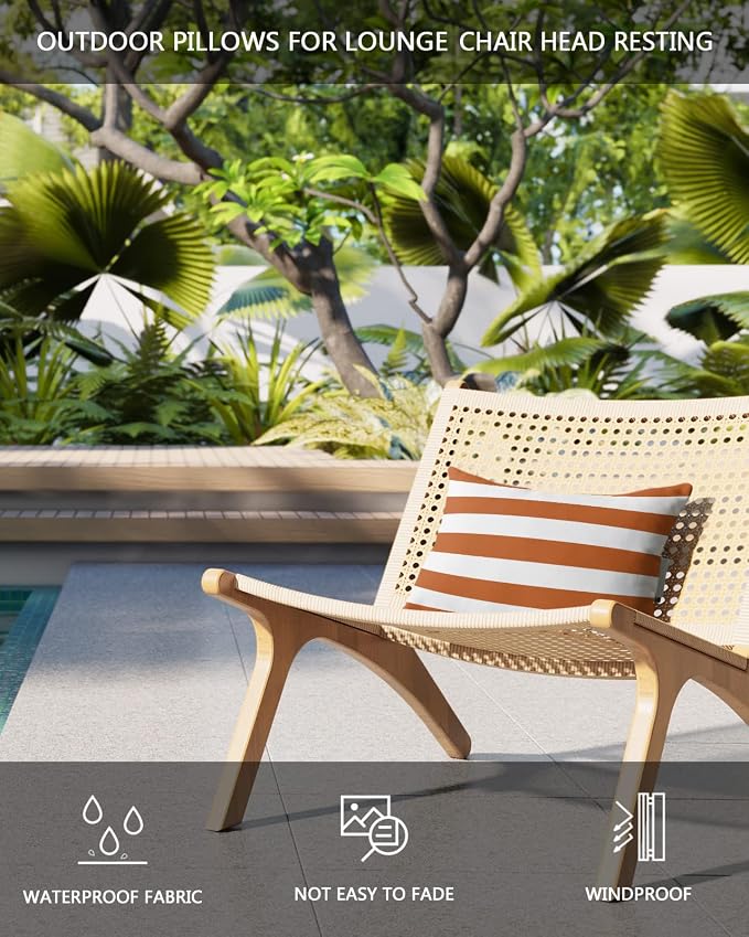 Outdoor Pillows Covers with Inserts Orange White Stripe Waterproof Recliner Pillow with Adjustable Strap Throw Pillows for Patio Furniture Pool Lounge Chair, 12x20 inch, 1PCS
