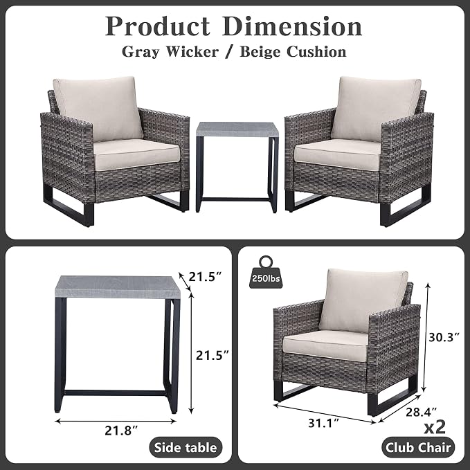 Belord Outdoor Bistro Set 3 Piece Outdoor Wicker Patio Chairs, Oversize Outdoor Rattan Seating Set, All-Weather Chairs Wicker Furniture with Metal Side Table and Water-Resistant Cushion for Outside