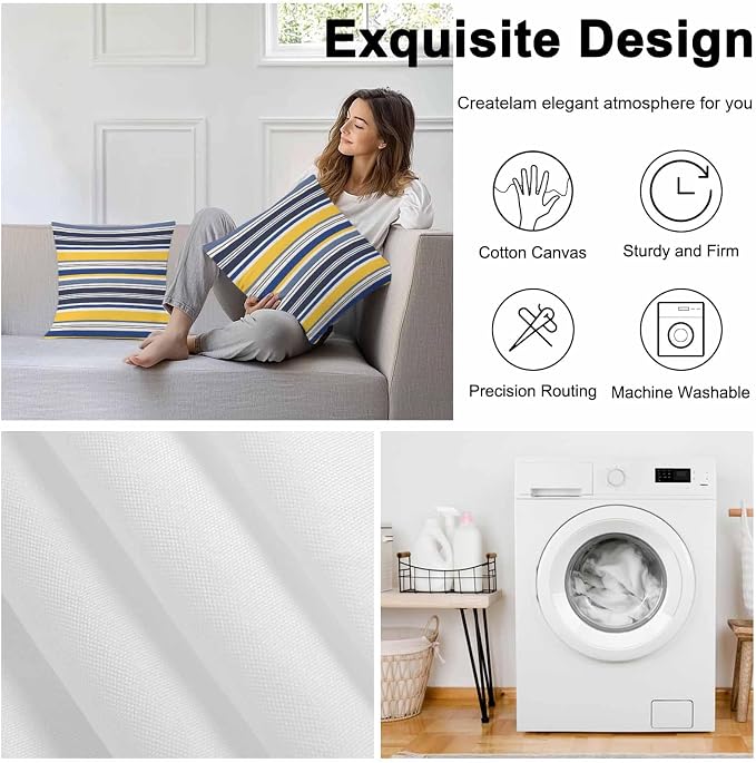 Outdoor Waterproof Throw Pillow Covers Set of 2 Yellow Stripes Lines Pillowcases 20x20 Inches Navy Blue Classic Striped Decorative Pillows Cushion Case Patio Pillows for Couch Bed Chair Garden