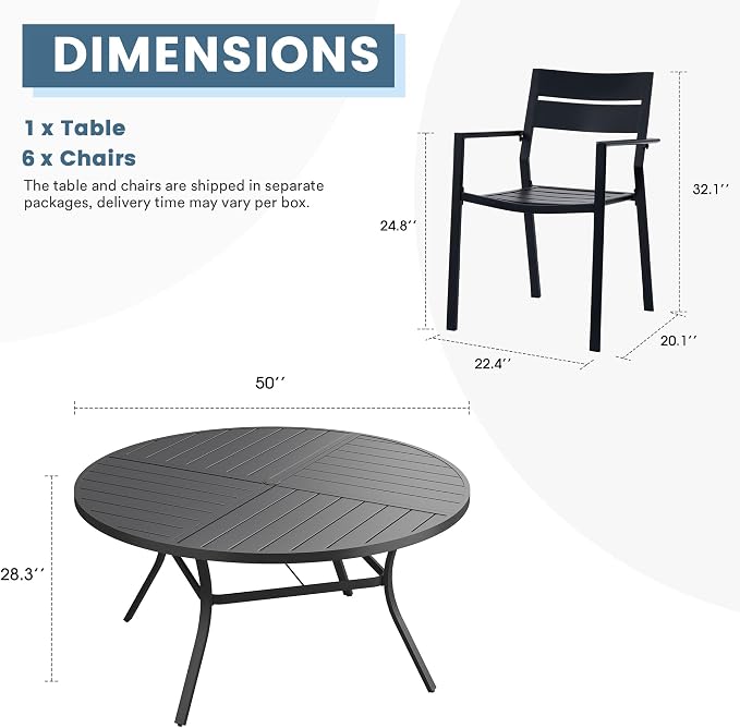 DIFY 7 Piece Outdoor Patio Dining Set for 6, 50" Round Dining Table with Umbrella Hole and Stackable Metal Chairs, Patio Table and Chairs Set for Backyard Garden Poolside, Black