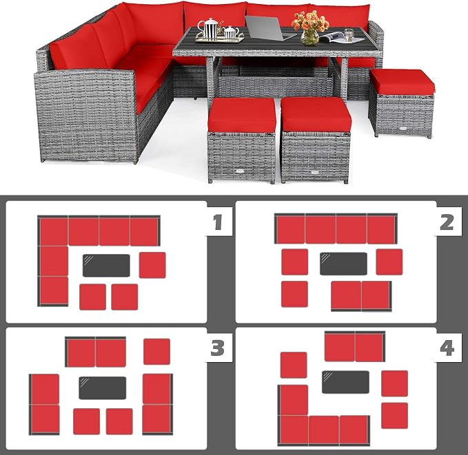 HAPPYGRILL 7 Pieces Rattan Wicker Patio Conversation Set, Outdoor Patio Furniture Set with Cushions, Rattan Sofa Set with Dining Table & Ottomans for Poolside Backyard Balcony Garden (Red)