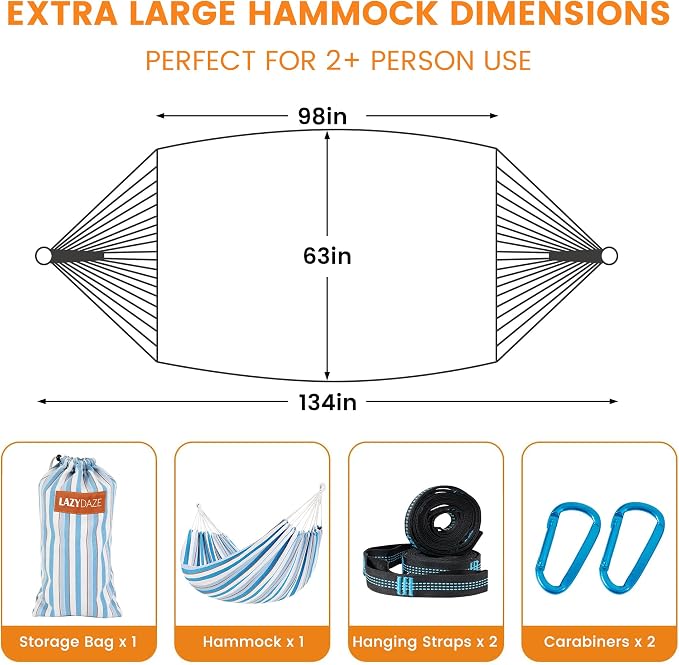 Lazy Daze Hammocks Double Brazilian Cotton Hammock, Extra Large Portable Outdoor Camping Hammock with Tree Straps & Travel Bag for Backyard Patio Poolside Indoor, 550lbs Capacity, Blue & Light Gray