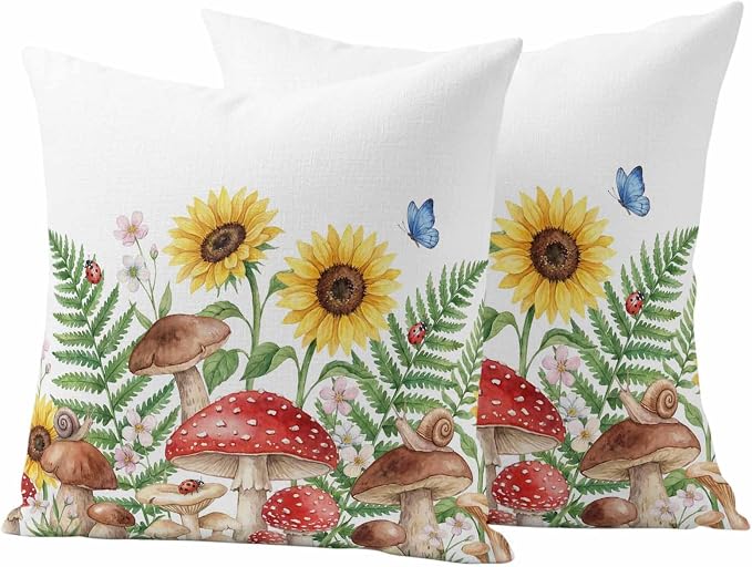 Outdoor Waterproof Throw Pillow Covers Set of 2 Red Mushroom Pillowcases 18x18 Inches Spring Butterfly Sunflower Green Ferns Decorative Pillows Cushion Case Patio Pillows for Couch Bed Chair Garden